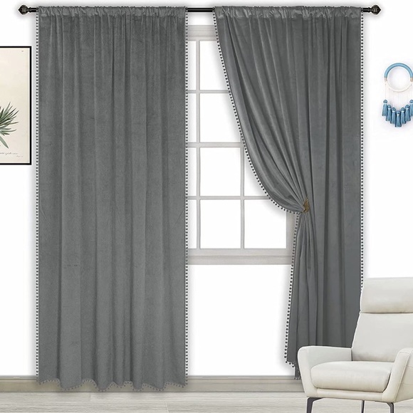 Zhaofeng 42”x95” Pom Pom Velvet Curtains in gray - Picture 1 of 16
